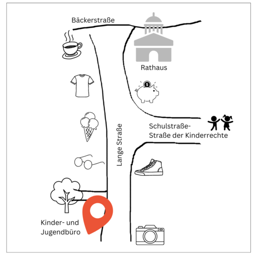 Lageplan wo das Kinder- und Jugendbüro in der Fußgängerzone zu finden ist (Lange Straße 12)